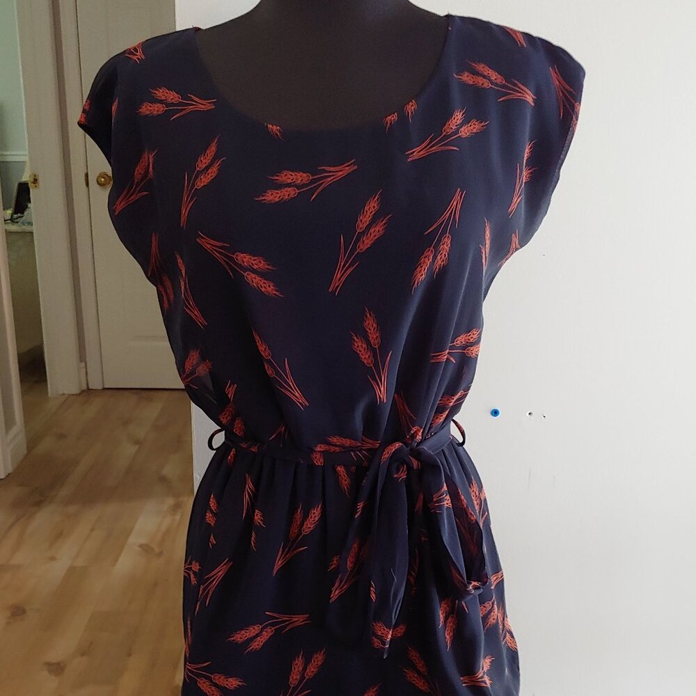 Navy Dress with Orange Fall Wheat Motif